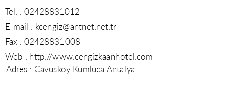 Grand Cengiz Kaan Hotel telefon numaralar, faks, e-mail, posta adresi ve iletiim bilgileri